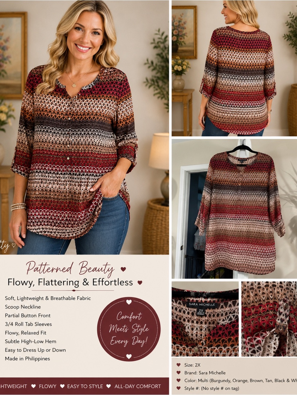 Sara Michelle Burgundy Multi-Striped Scoop Neck Blouse